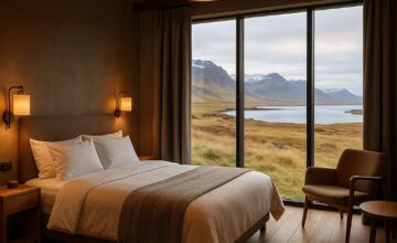 Designer hotel room at Hotel Rangá with panoramic Icelandic landscape view