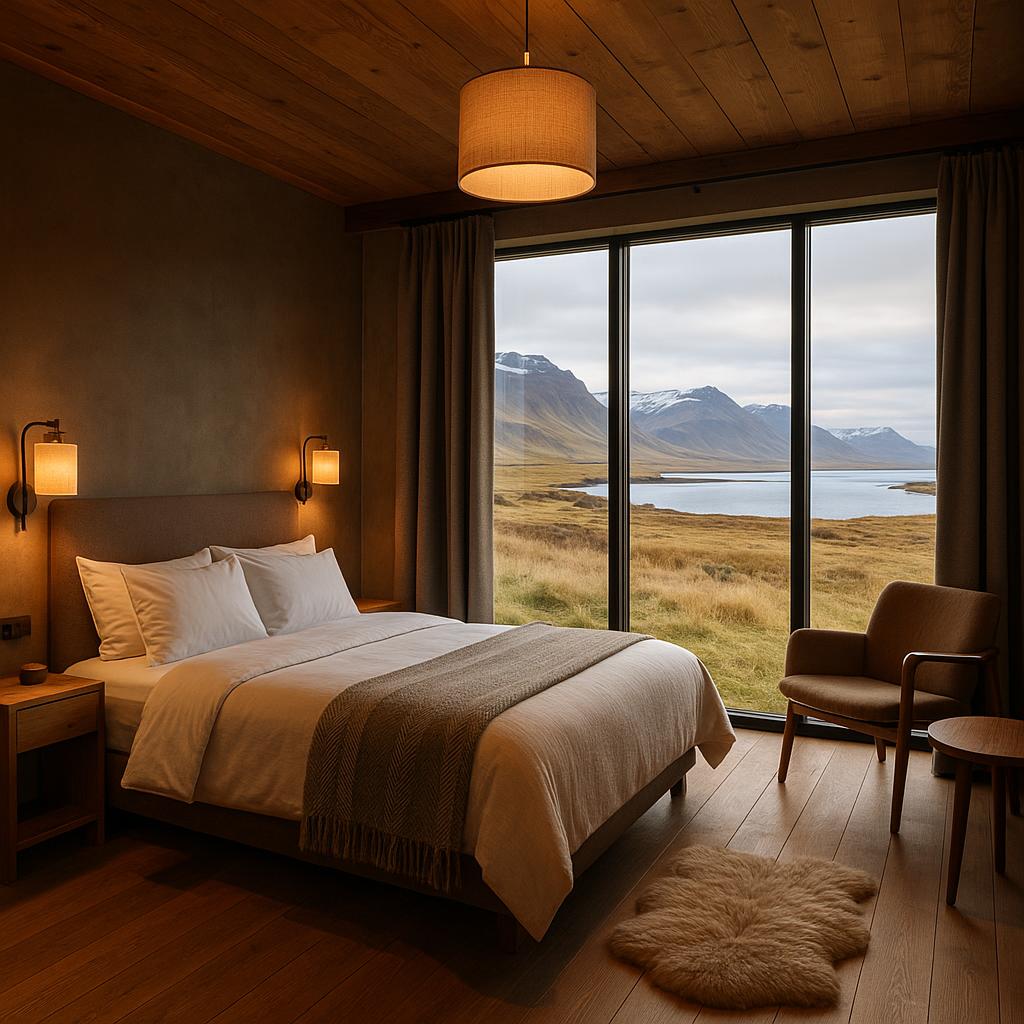 Designer hotel room at Hotel Rangá with panoramic Icelandic landscape view