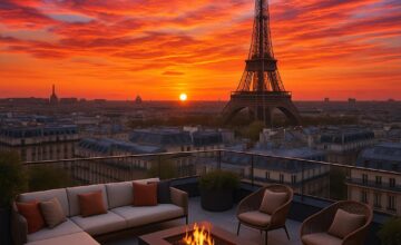Sunset rooftop view of Paris skyline and Eiffel Tower at Hôtel San Régis
