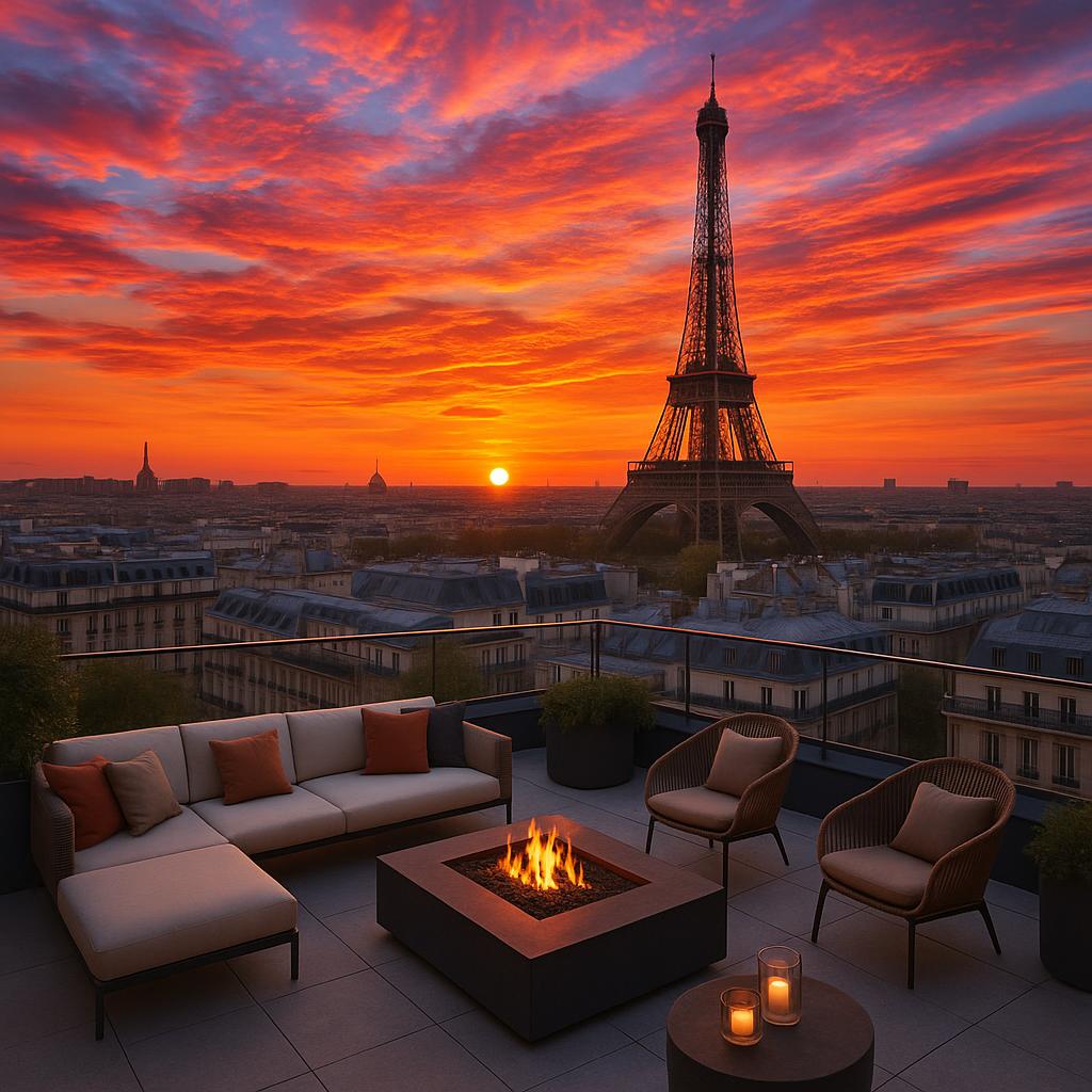 Sunset rooftop view of Paris skyline and Eiffel Tower at Hôtel San Régis