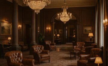 Hotel Sanders vintage lounge with chandeliers and leather armchairs