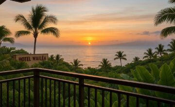 Ocean view from a Hotel Wailea lanai at sunset with tropical gardens