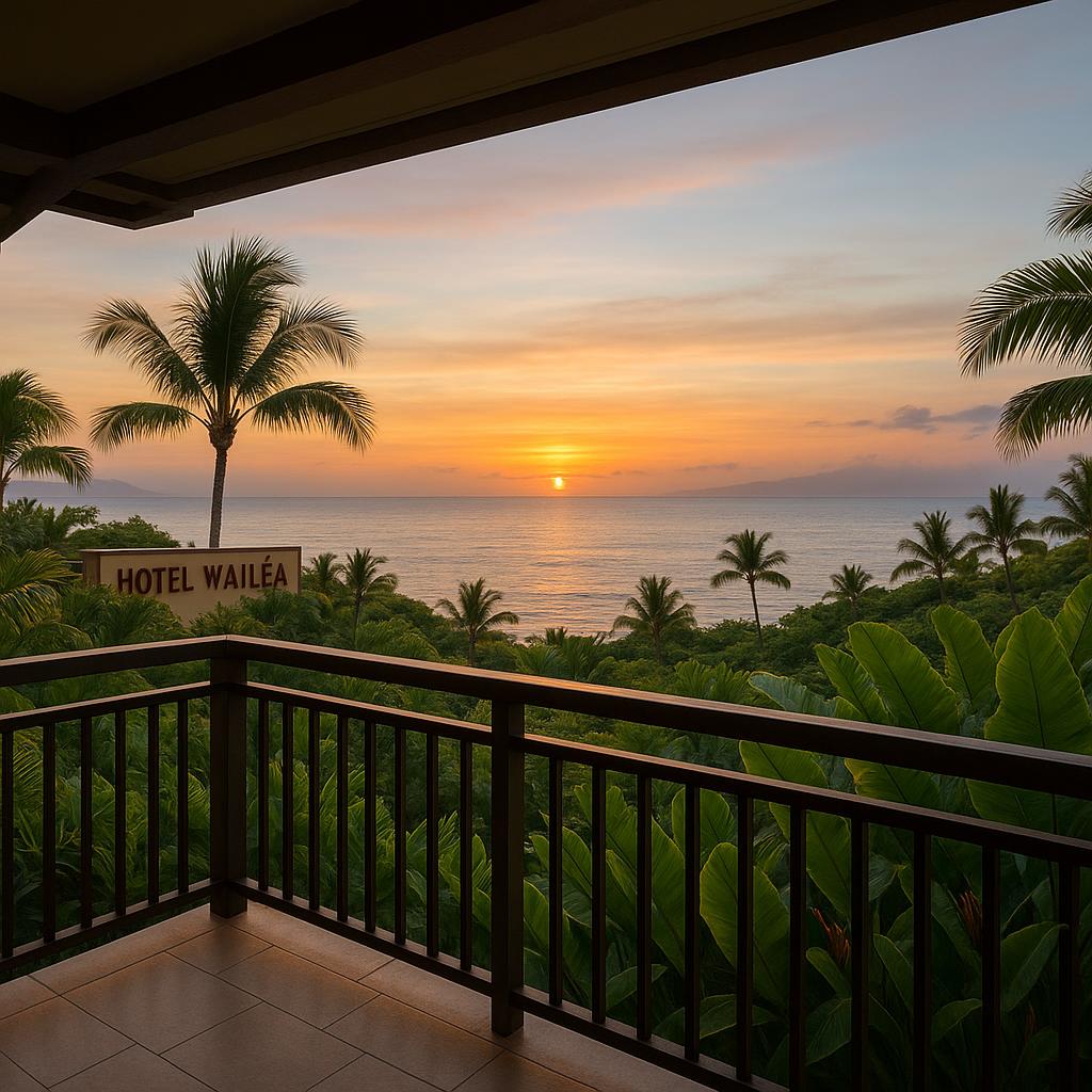 Ocean view from a Hotel Wailea lanai at sunset with tropical gardens