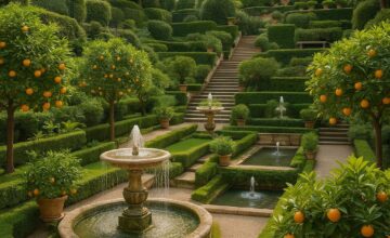 Hotel de Russie Secret Garden with fountains and citrus trees in Rome