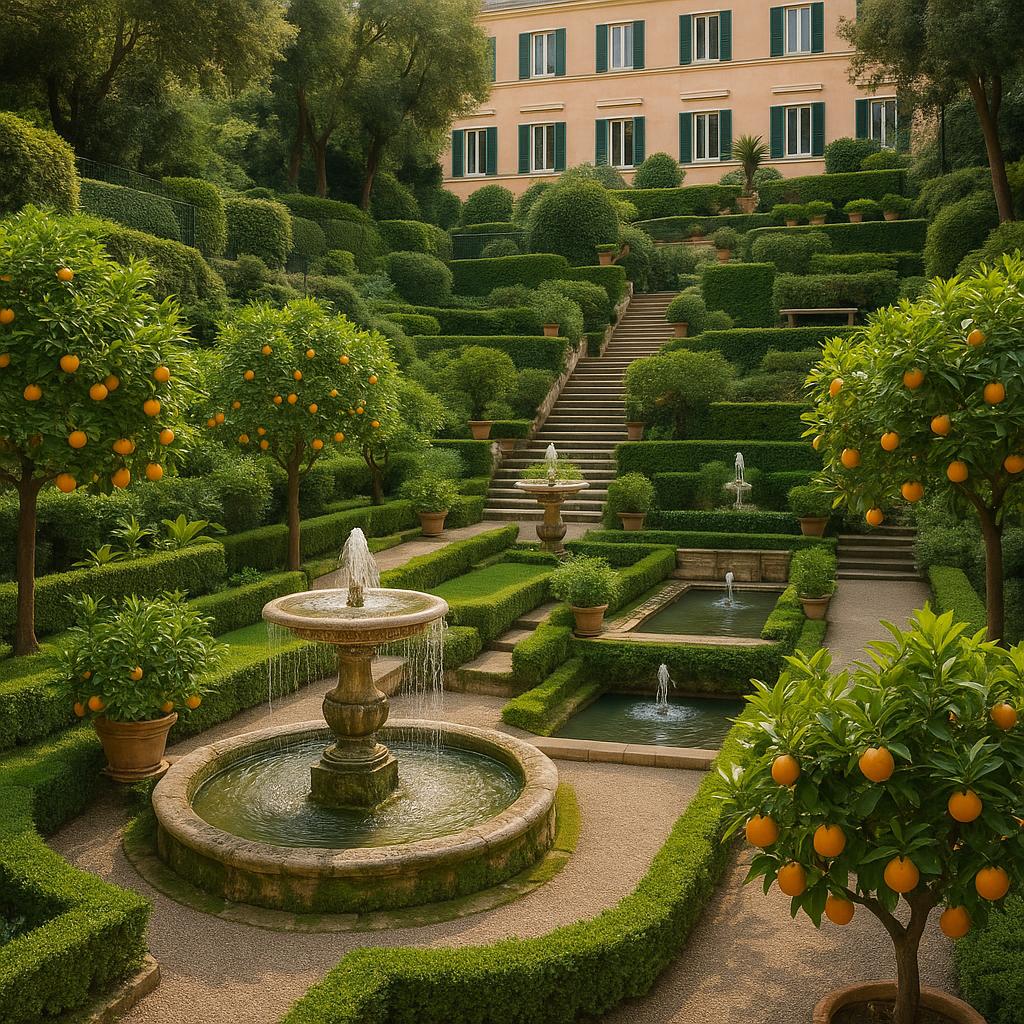 Hotel de Russie Secret Garden with fountains and citrus trees in Rome