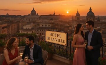 Rooftop view at Hotel de la Ville Rome with sunset and cityscape