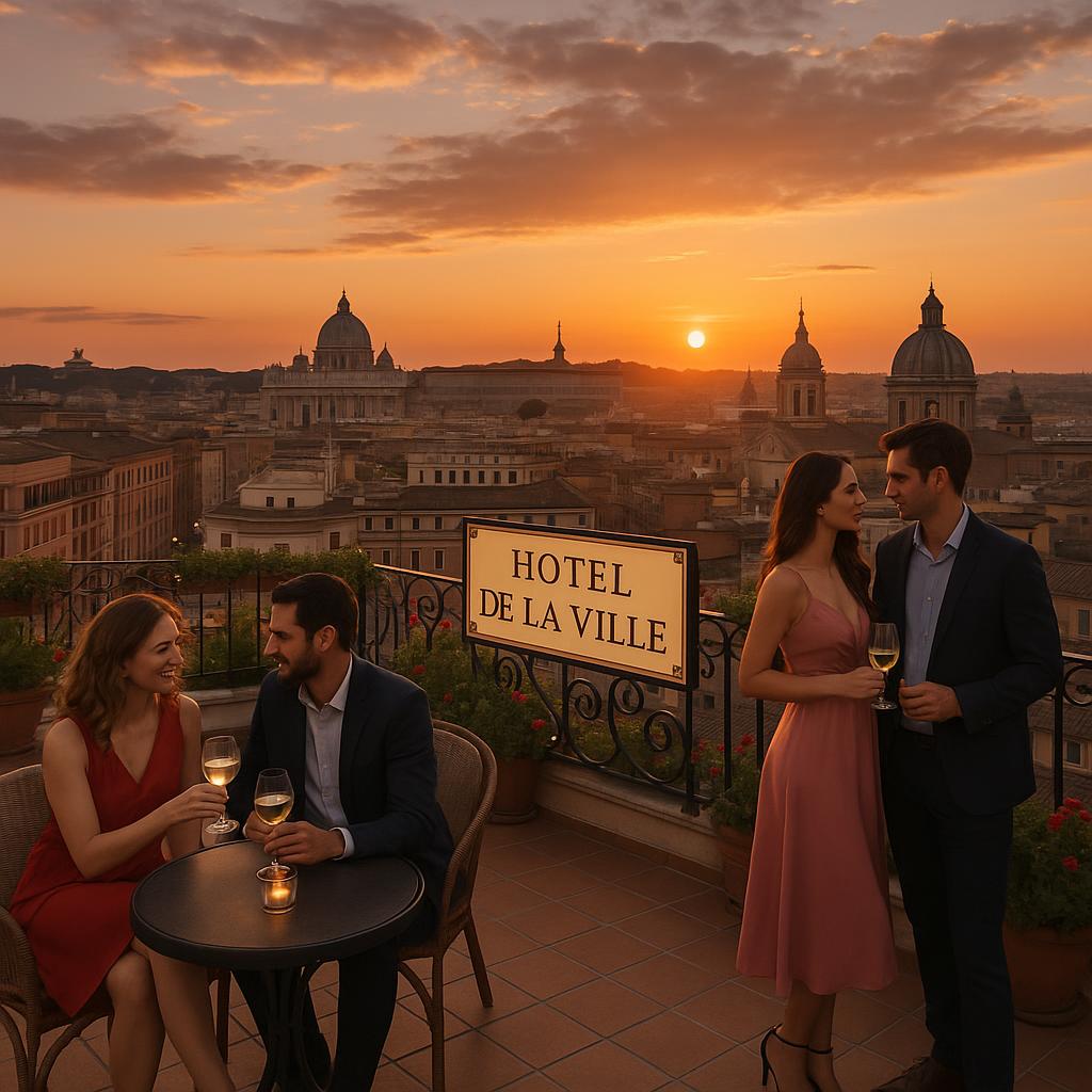 Rooftop view at Hotel de la Ville Rome with sunset and cityscape