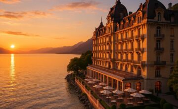 Historic Hotel des Bergues overlooking Lake Geneva at sunset