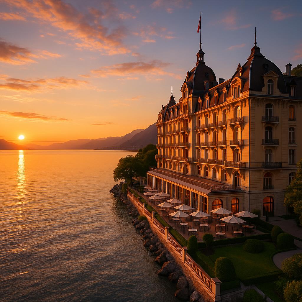 Historic Hotel des Bergues overlooking Lake Geneva at sunset