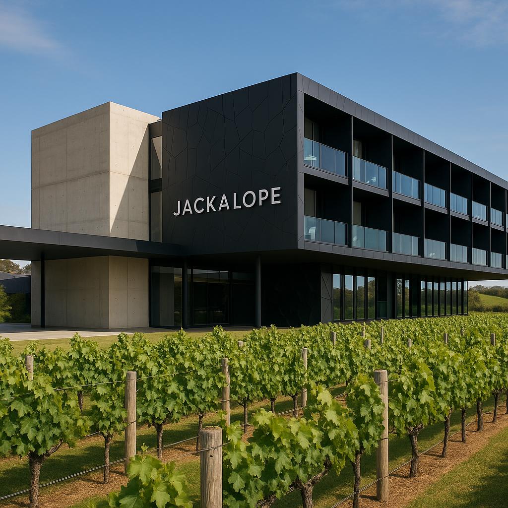 Jackalope Hotel exterior with modern architecture surrounded by vineyards