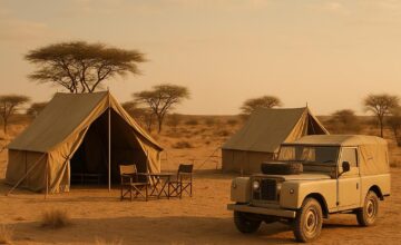 Vintage safari camp tents and classic Land Rover vehicle in Botswana desert sands