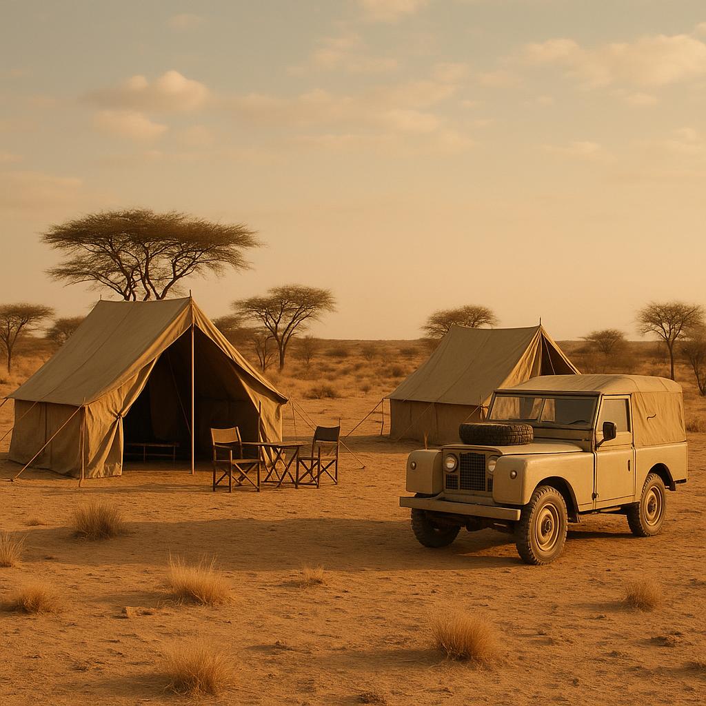 Vintage safari camp tents and classic Land Rover vehicle in Botswana desert sands