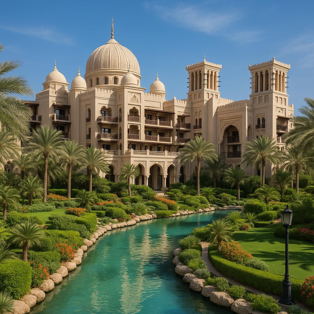 Jumeirah Al Qasr hotel facade with gardens and waterways