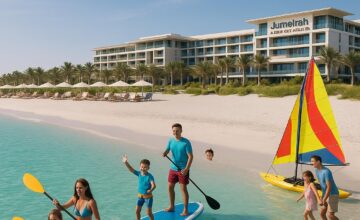 Soft white sandy beach at Jumeirah Saadiyat Island Resort with families in water