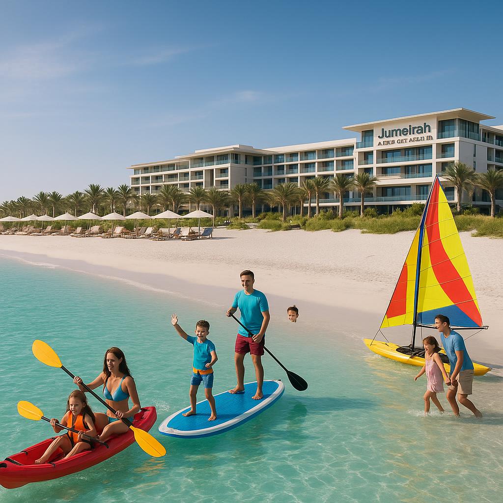 Soft white sandy beach at Jumeirah Saadiyat Island Resort with families in water