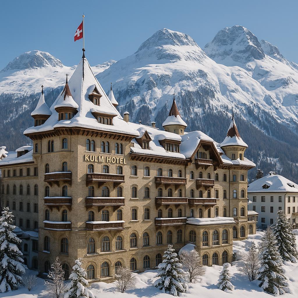 Kulm Hotel St. Moritz winter alpine architecture with snowy mountains