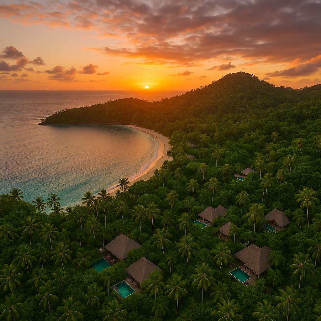 Aerial sunset view of Laucala Island Resort with villas and tropical landscape