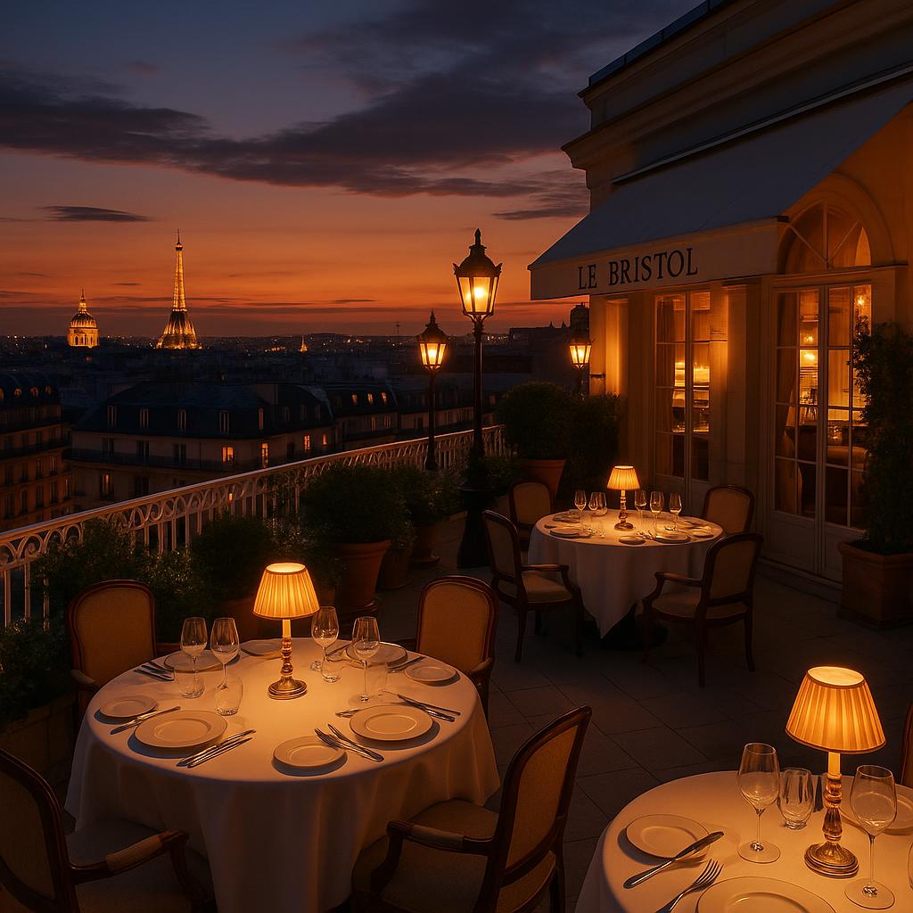 Rooftop dining at Le Bristol with Paris skyline at night