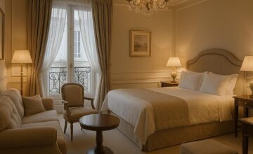 Le Meurice luxury guest room with soft lighting and plush décor
