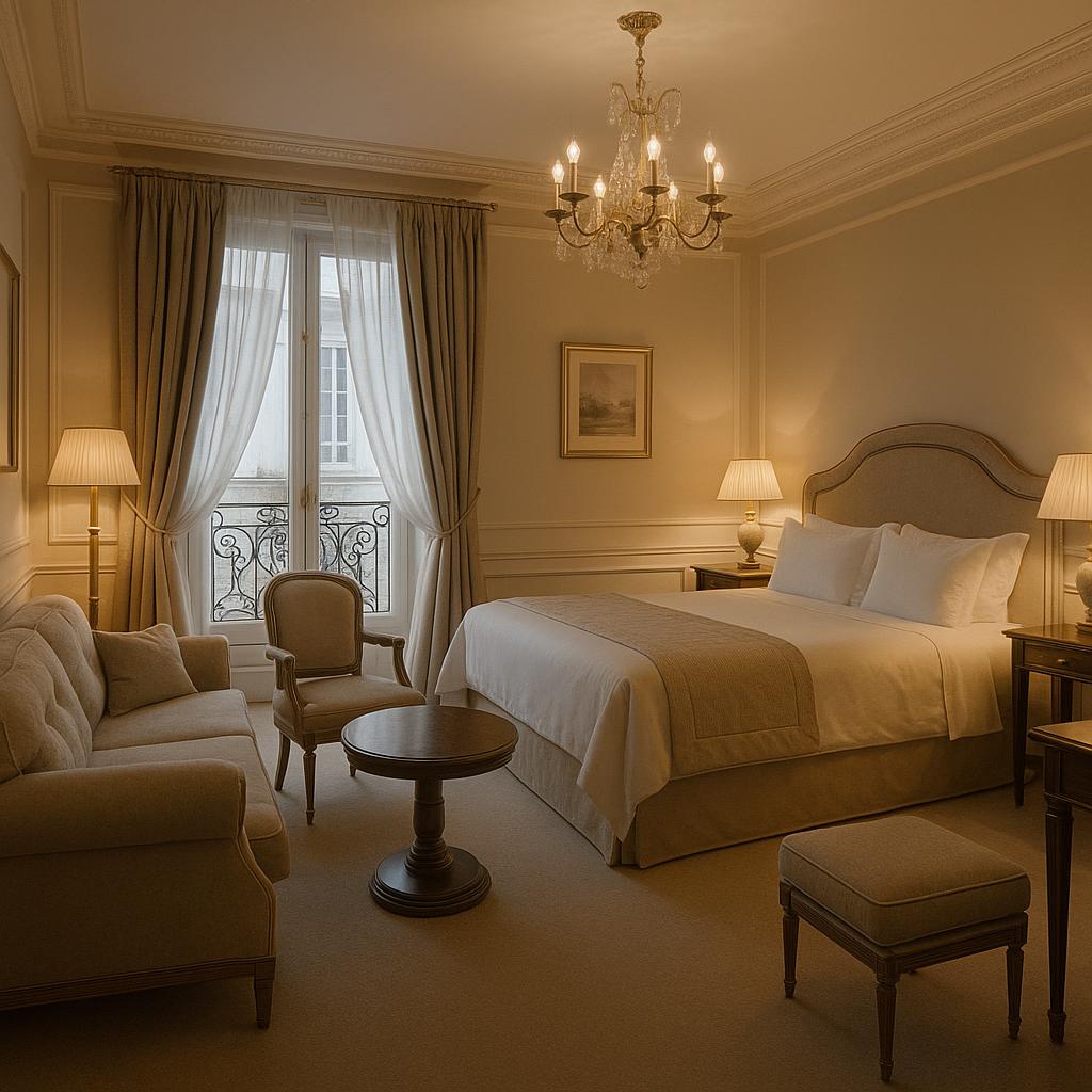Le Meurice luxury guest room with soft lighting and plush décor