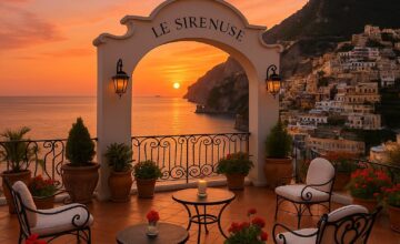 Le Sirenuse terrace overlooking Amalfi Coast at sunset