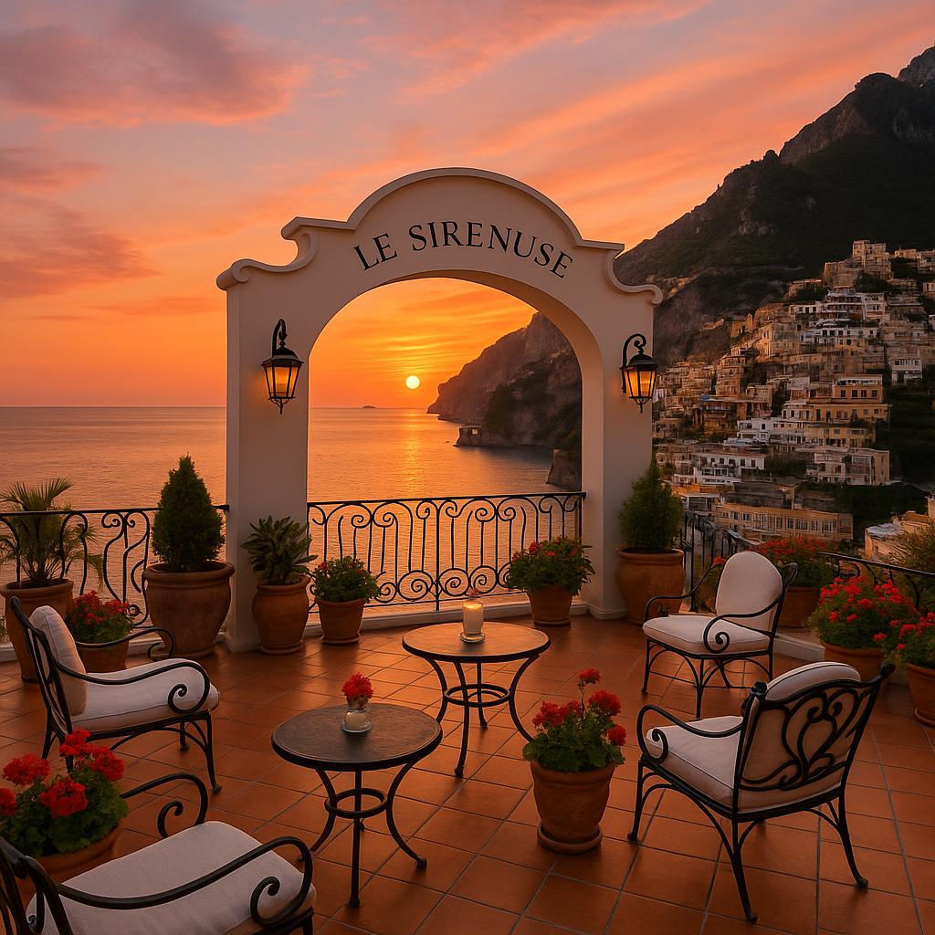 Le Sirenuse terrace overlooking Amalfi Coast at sunset