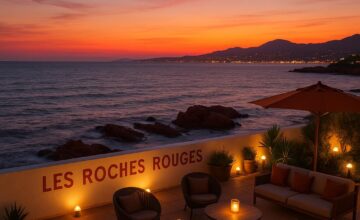 Les Roches Rouges sunset terrace overlooking coastal skyline
