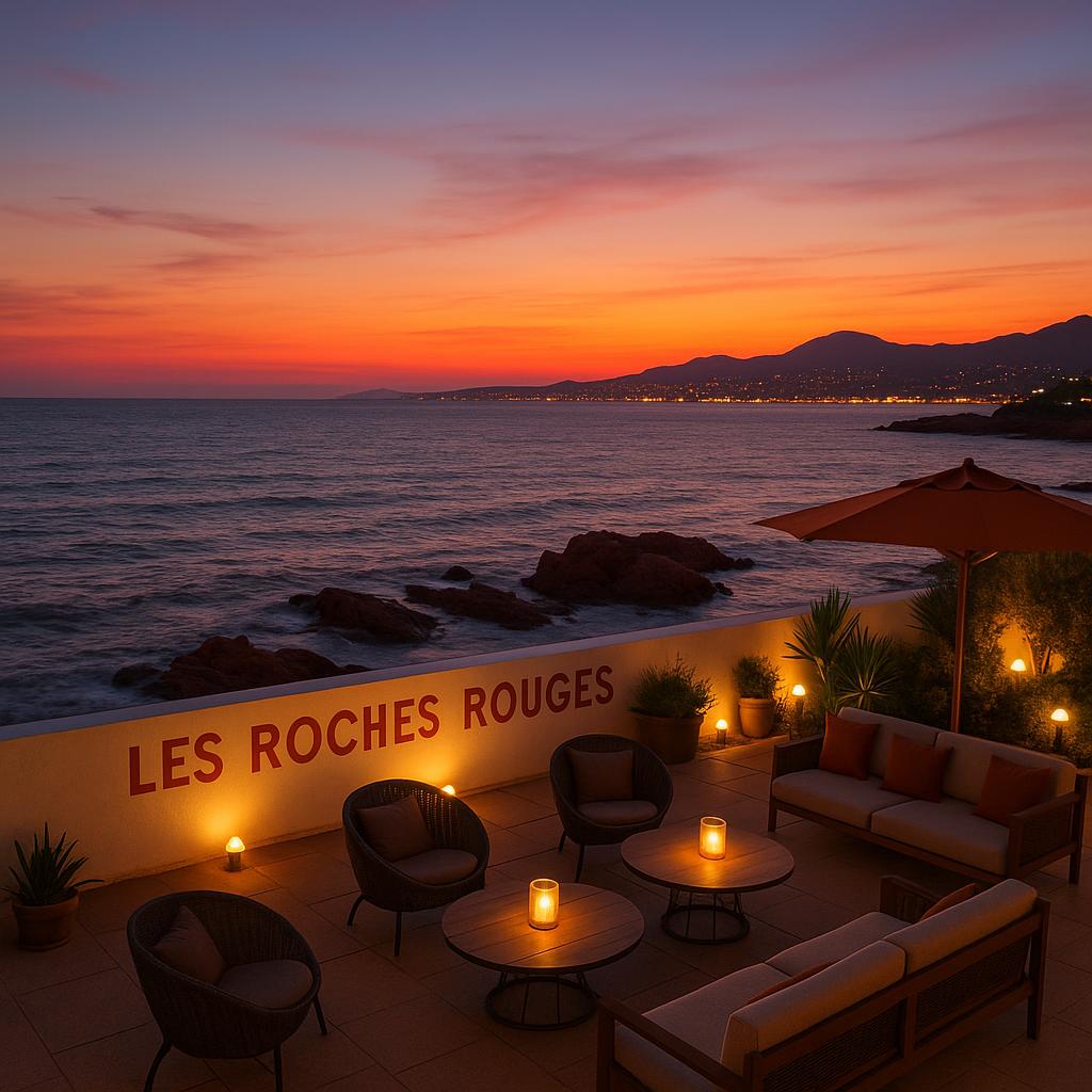 Les Roches Rouges sunset terrace overlooking coastal skyline