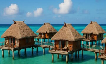 Likuliku Lagoon Resort overwater bure with turquoise water and traditional design