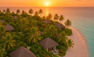 Private island with beachside villas and lush tropical gardens at sunset