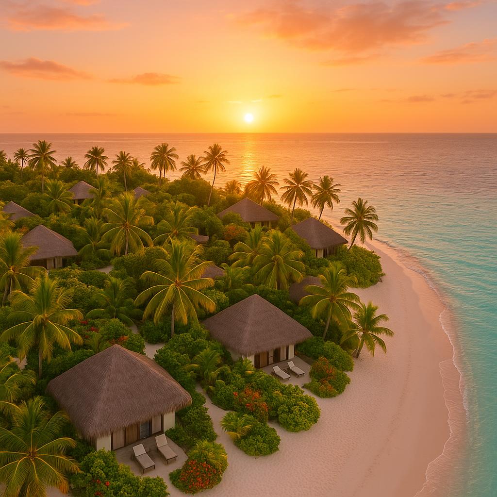 Private island with beachside villas and lush tropical gardens at sunset