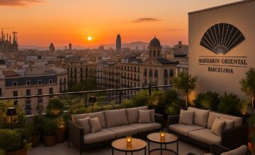 Rooftop terrace at Mandarin Oriental Barcelona overlooking city with sunset glow