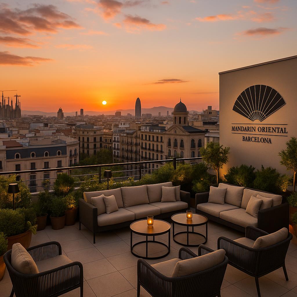 Rooftop terrace at Mandarin Oriental Barcelona overlooking city with sunset glow