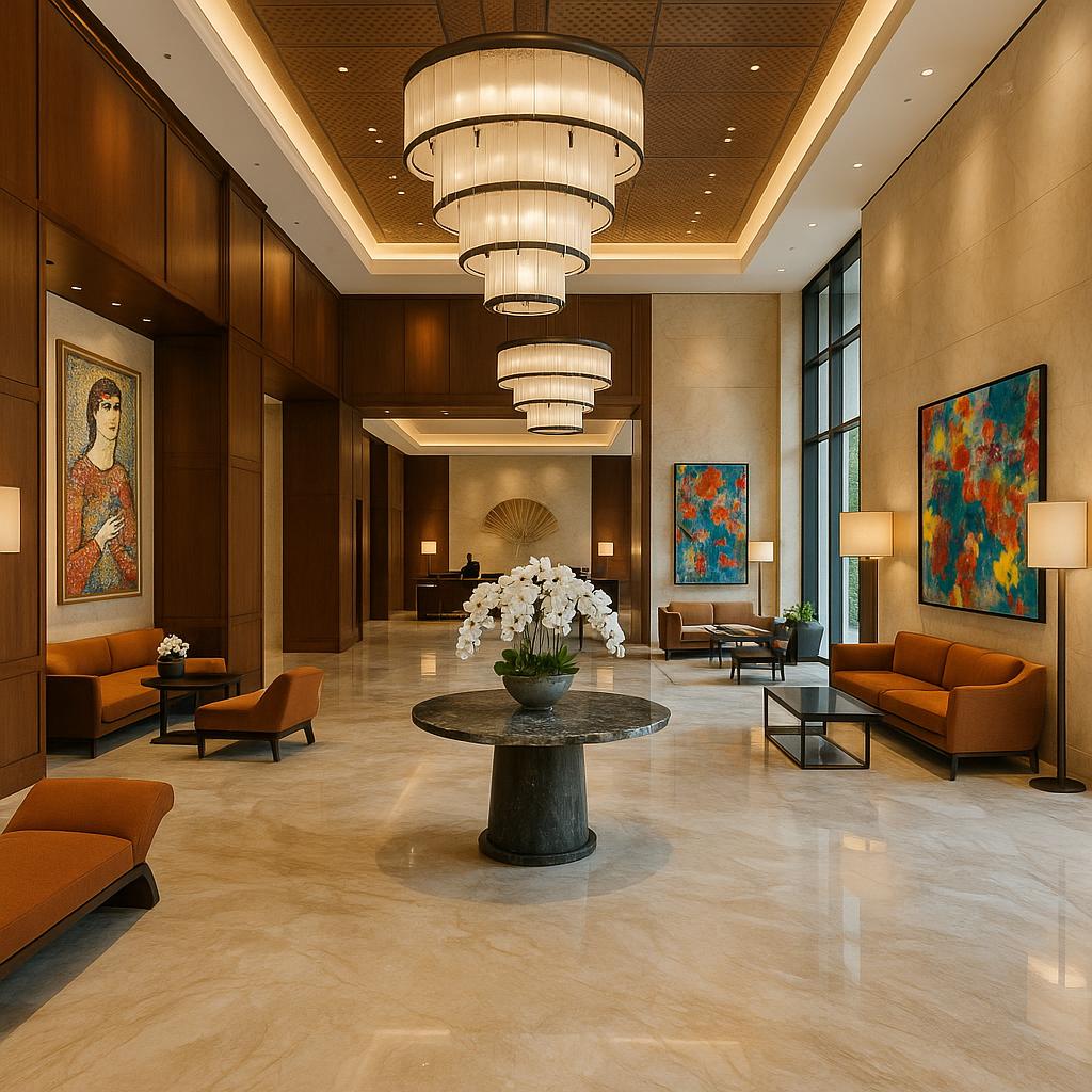 Mandarin Oriental Doha lobby with ultra smooth finishes and Polish design elements