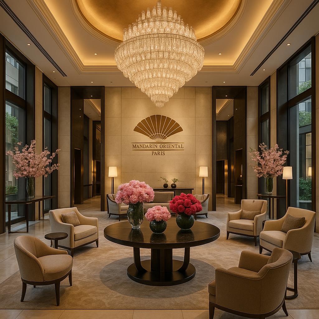 Mandarin Oriental Paris lobby with elegant chandelier and seating