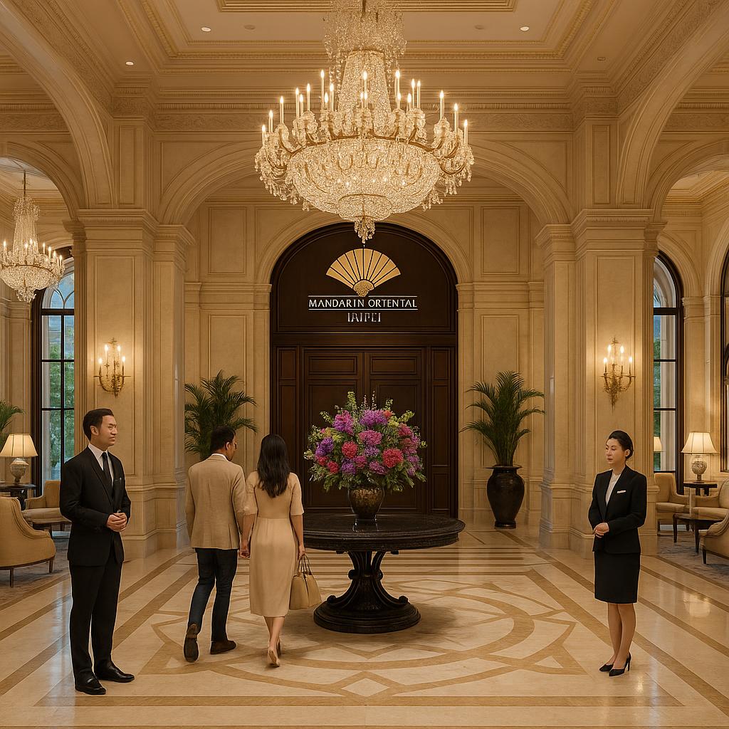 Mandarin Oriental Taipei elegant lobby with staff assisting guests