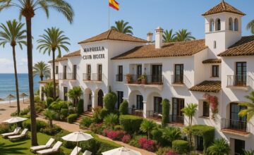 Marbella Club Hotel beachfront showing Andalusian style architecture