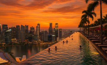 Marina Bay Sands rooftop sunset view with Infinity Pool and Singapore skyline