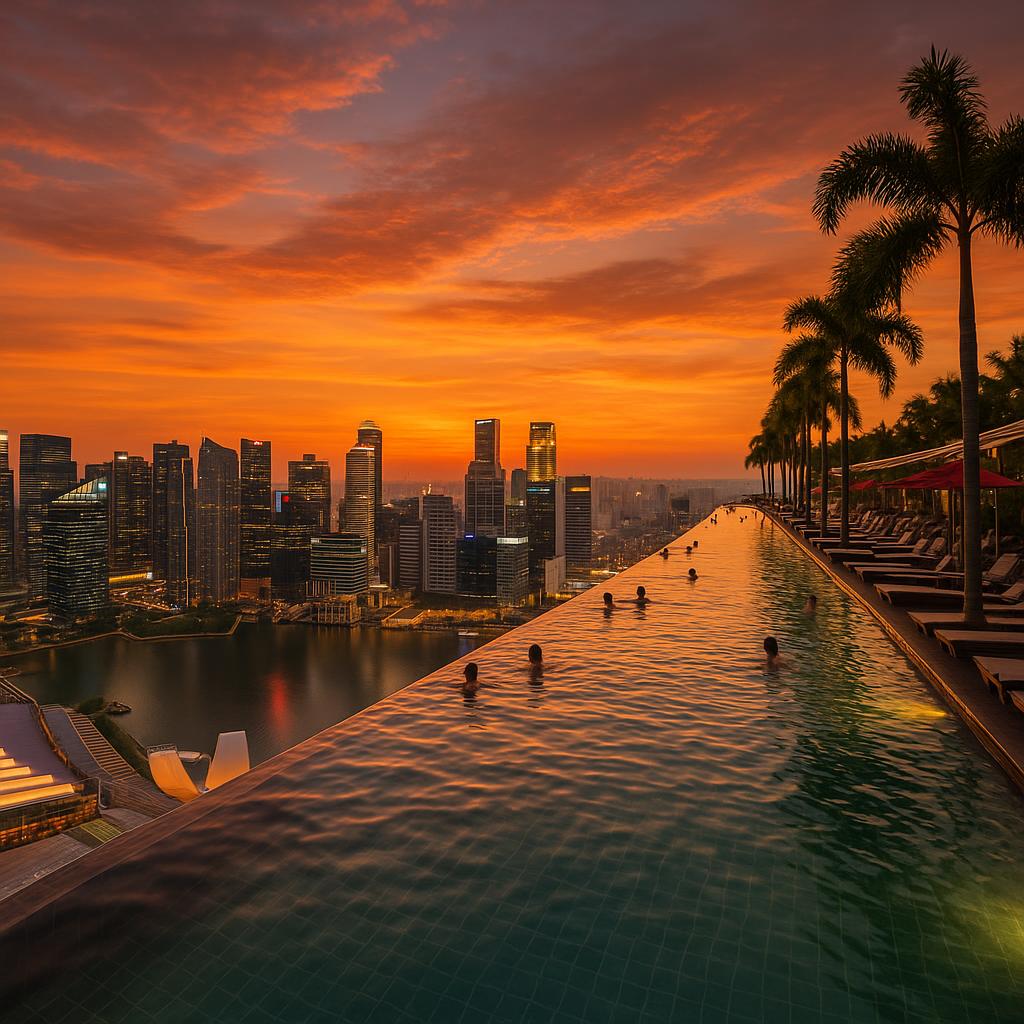 Marina Bay Sands rooftop sunset view with Infinity Pool and Singapore skyline