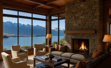 Matakauri Lodge lobby with panoramic views and natural design