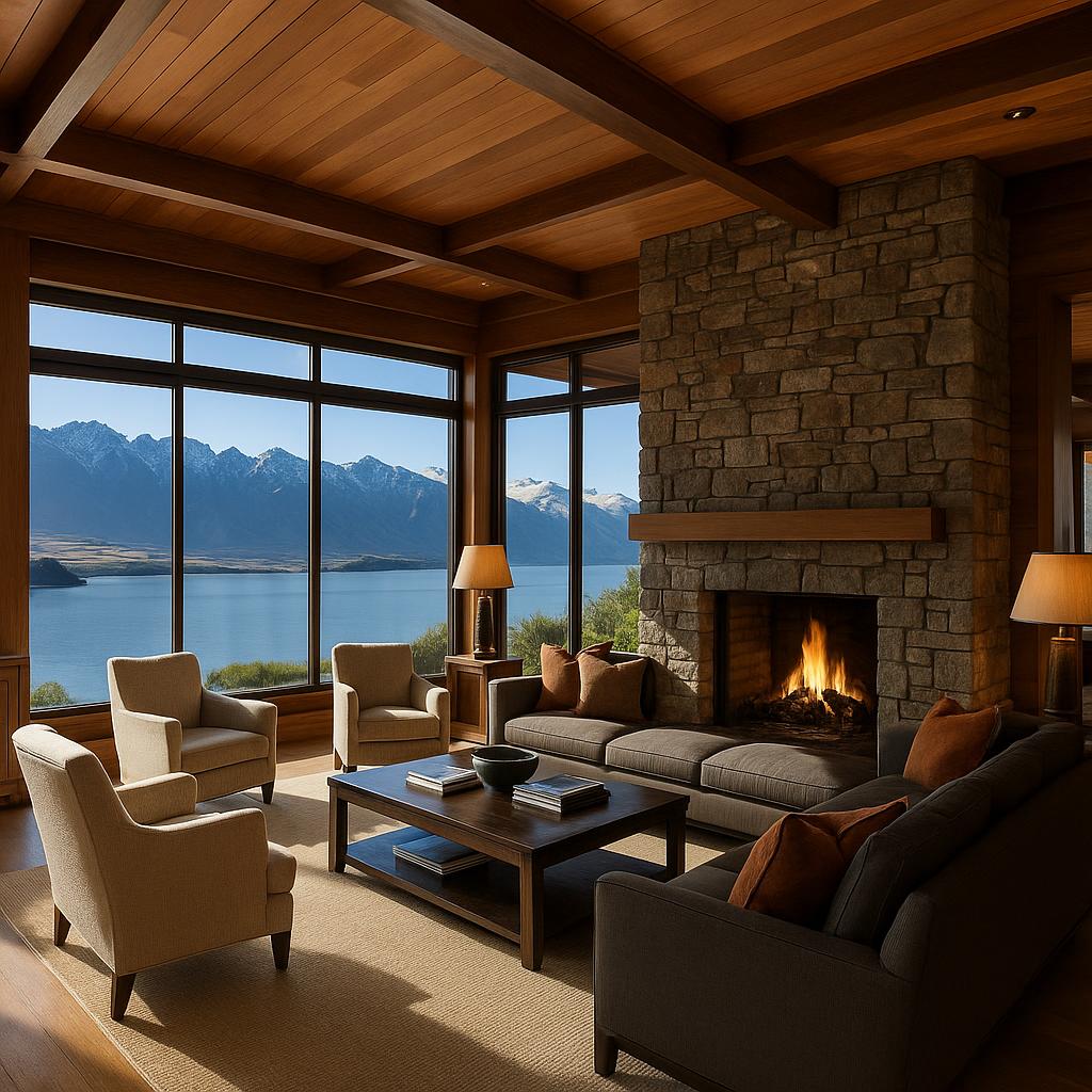 Matakauri Lodge lobby with panoramic views and natural design