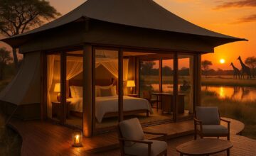 Mombo Camp luxury safari tent amidst Okavango Delta scenery