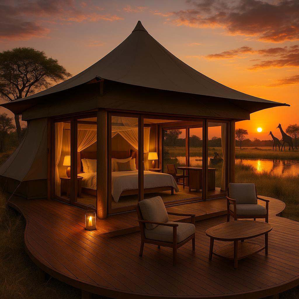 Mombo Camp luxury safari tent amidst Okavango Delta scenery