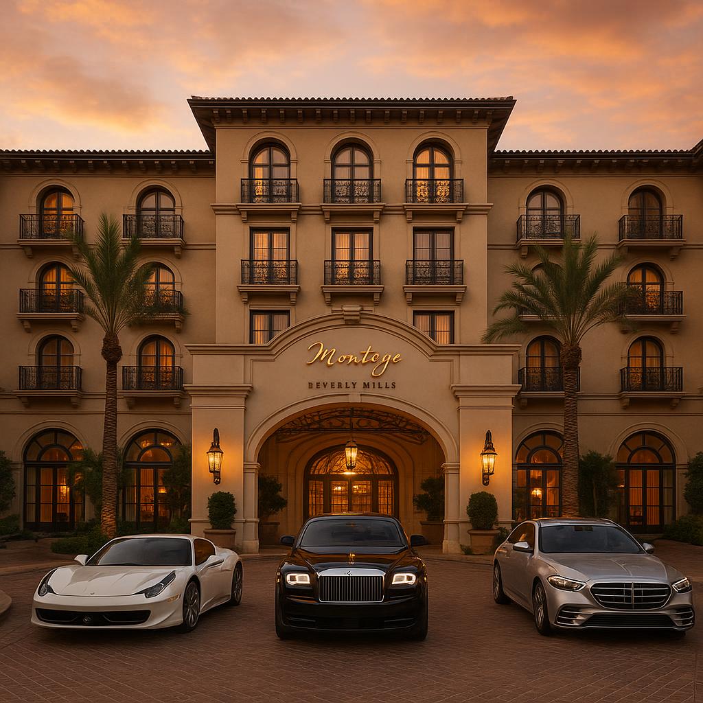 Montage Beverly Hills hotel entrance glowing at dusk