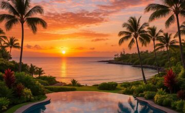 Sunset at Montage Kapalua Bay showing ocean view and infinity pool