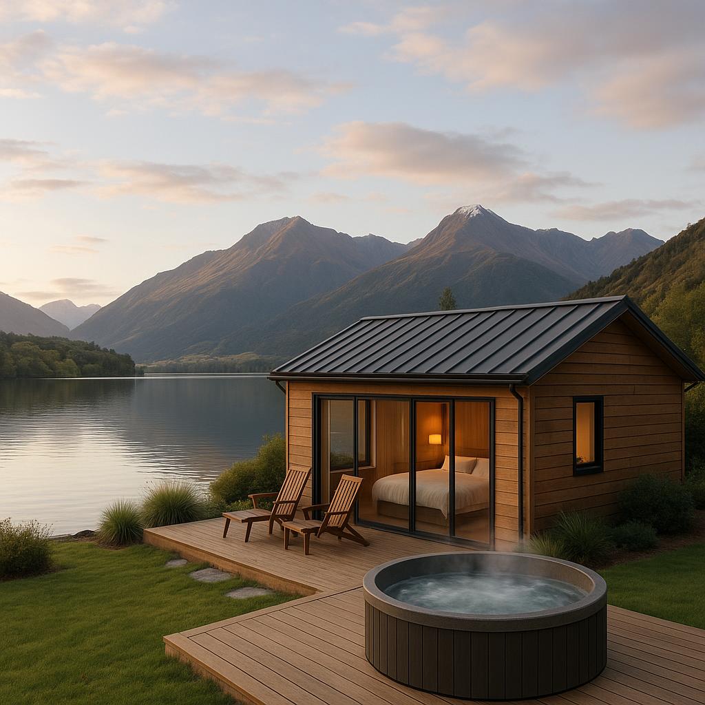 Mt Cook Lakeside Retreat showing a private hot tub overlooking a calm lake with mountains in the background