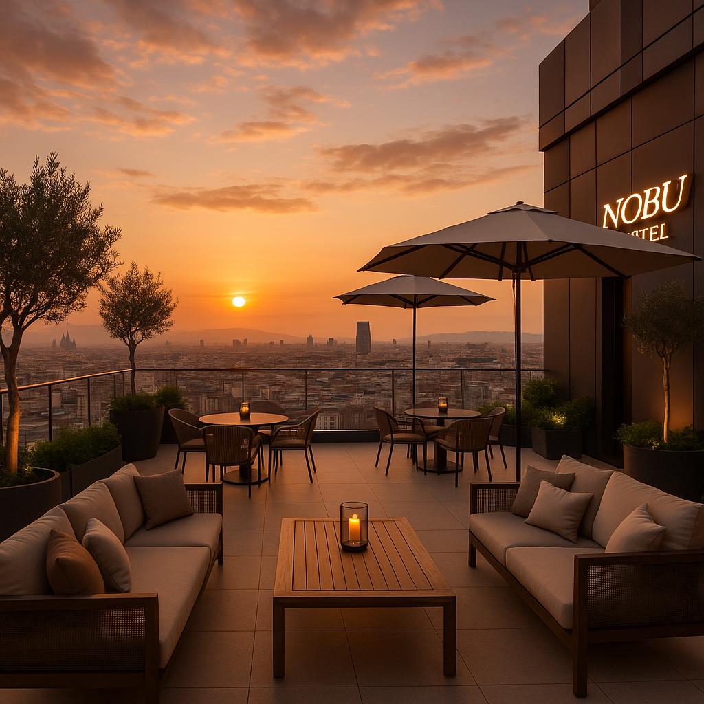 Rooftop terrace view of Barcelona skyline from Nobu Hotel