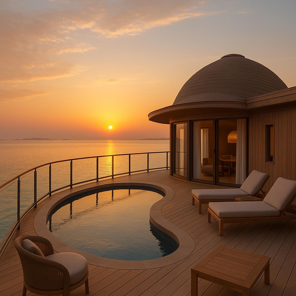 Luxury overwater bungalow at Nujuma Ritz-Carlton Reserve with Red Sea sunset