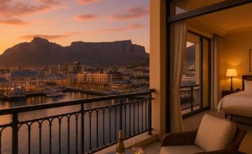 Suite balcony overlooking Table Mountain and Cape Town waterfront at sunset
