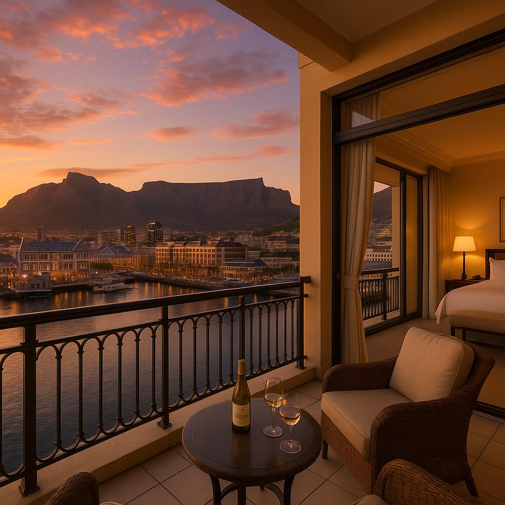 Suite balcony overlooking Table Mountain and Cape Town waterfront at sunset
